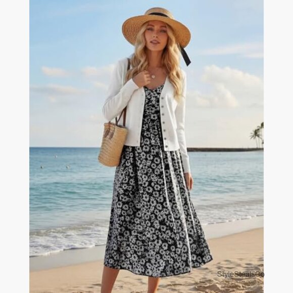 Lightweight Cropped Cardigan Set, V-Neck Button Down Long Sleeve Knit Sweaters - Picture 6 of 7